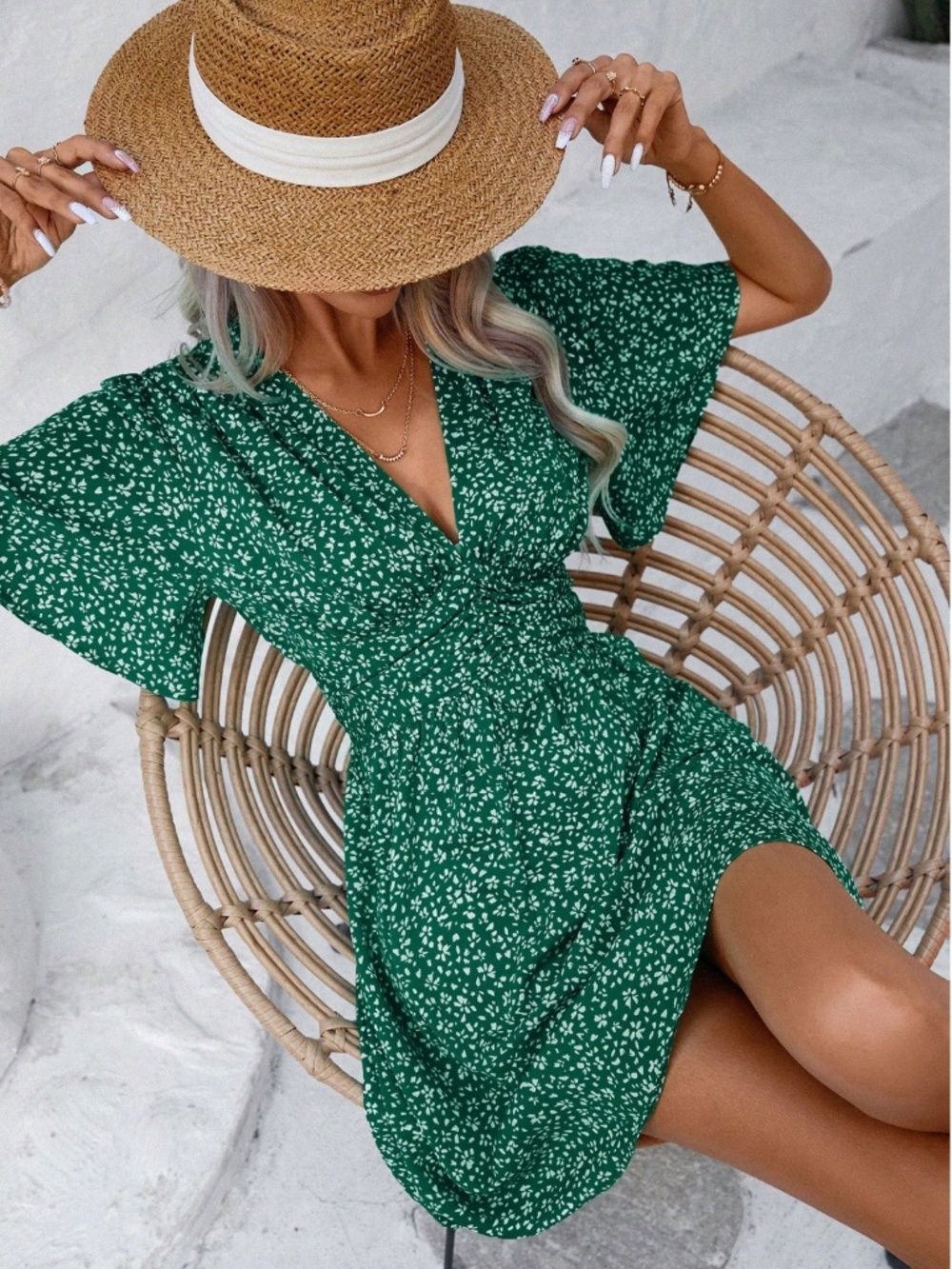 Green Ditsy Floral Mini Dress V-Neck Butterfly Short Sleeve